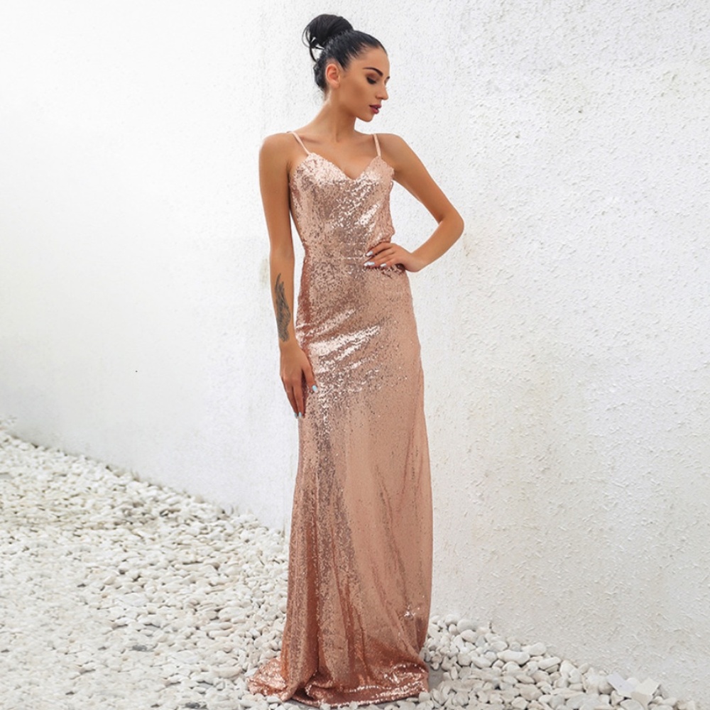 Rose Gold Sequin Open Back Cami Maxi Dress - Picture 8 of 13